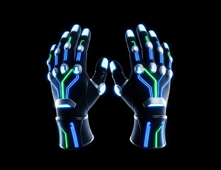 3d rendering of robot hands with neon lights isolated on black backgroundの素材