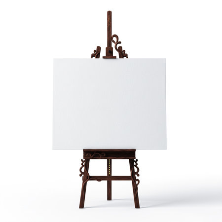 Wooden easel with blank canvas on white background. 3d illustrationの素材
