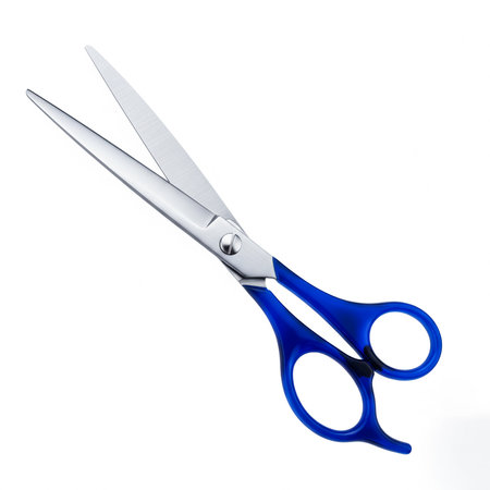 Blue scissors isolated on white background. Clipping path included. 3D illustration.の素材