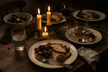 Christmas dinner with turkey, olives and red wine on wooden tableの素材