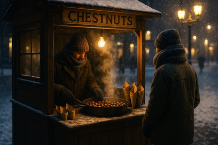 Young man in winter clothes cooking chestnuts on the street at night.の素材