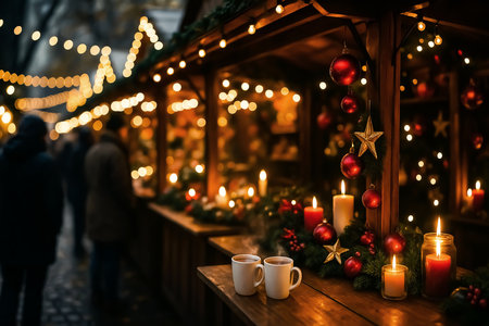 Christmas market in Germany. Candles and mulled wine on the background of the Christmas market.の素材