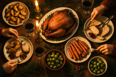 Thanksgiving dinner with roasted turkey and vegetables on wooden table, top viewの素材