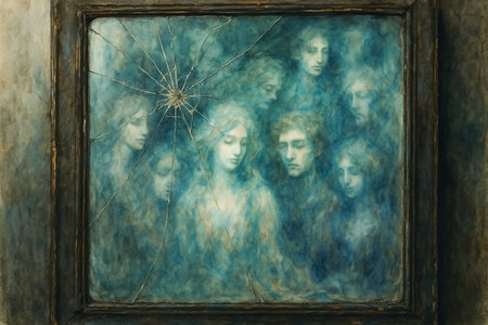 Ghostly Faces of Memory and Reflection Behind Cracked Glassの素材