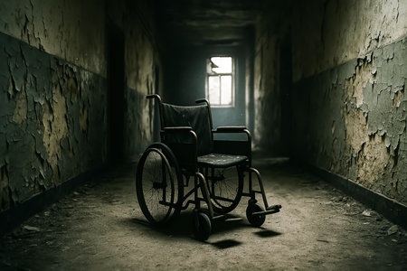 Empty wheelchair in a dark abandoned building. Selective focus. Shallow depth of fieldの素材