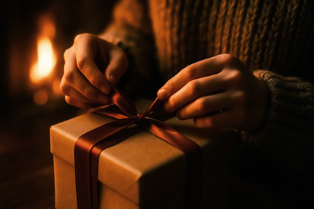Woman opening christmas gift near fireplace, closeup. Winter holiday conceptの素材