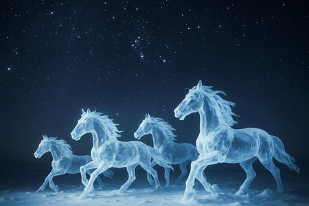 Horses with stars in the night sky. 3D rendering.の素材