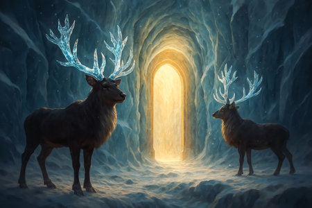 Two deers coming out of a door in a winter forest.の素材