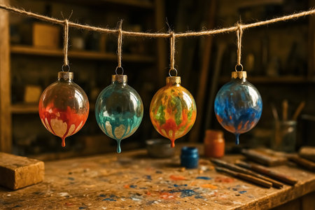 Colorful Christmas ornaments hanging on a rope in a workshopの素材