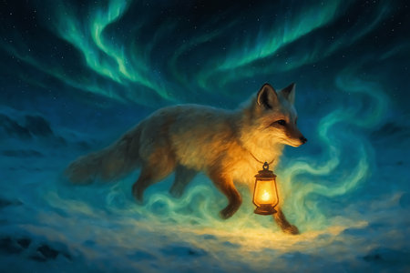 Fox with a lantern in the night sky. 3d rendering.の素材