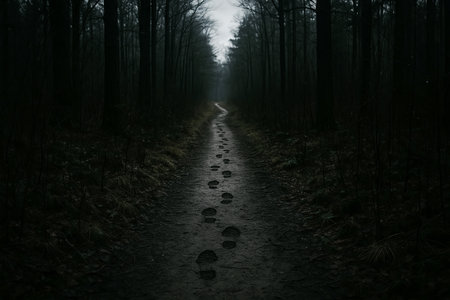 Path in the dark forest with foot prints on the ground and fog.の素材