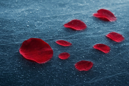 Red rose petals with water drops on black background. Valentines day conceptの素材