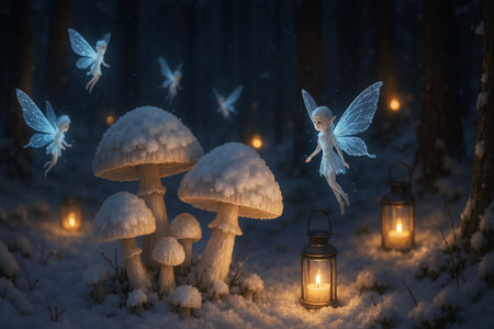 Mushroom fairy in the forest with lanterns in the snowの素材