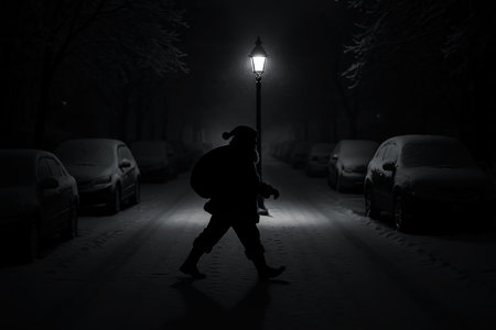 Man walking on the street at night in the fog. Silhouette of a man with a lantern.の素材