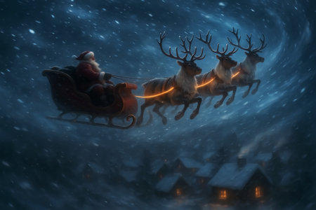 Santa Claus in a sleigh pulled by reindeers. Christmas background.の素材