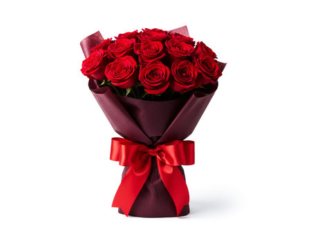 Bouquet of red roses with red ribbon isolated on white backgroundの素材