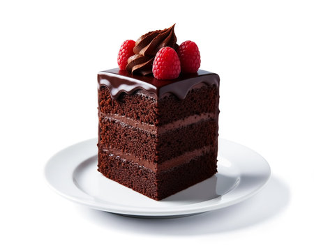 Piece of chocolate cake with raspberries isolated on white backgroundの素材