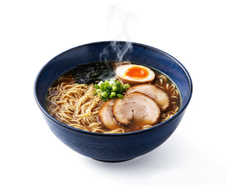 Japanese ramen noodle soup isolated on white background with clipping pathの素材