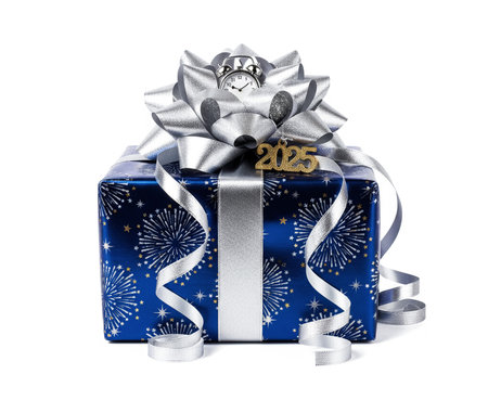 Blue gift box with silver ribbon and bow isolated on white background.の素材
