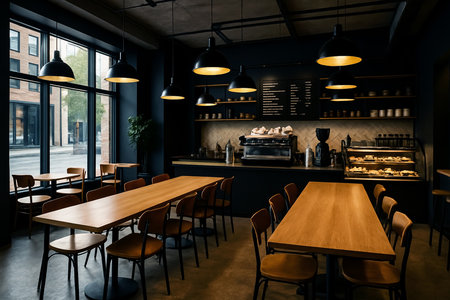 Interior of a modern coffee shop with wooden tables and chairs.の素材