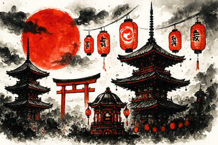 Chinese lanterns and temple on watercolor background. Digital art paintingの素材