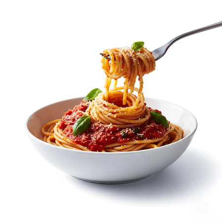 Spaghetti bolognese with tomato sauce and basil on white backgroundの素材