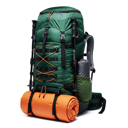Backpack and camping equipment isolated on white background. Clipping path included.の素材