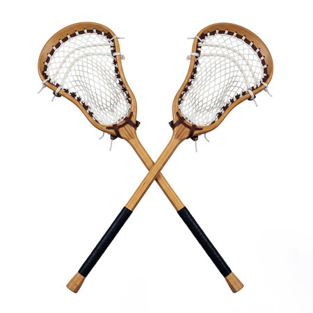 Two crossed lacrosse sticks isolated on white background, clipping path includedの素材