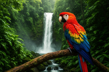 beautiful macaw parrot on a branch with waterfall in the backgroundの素材