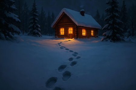 Wooden house in winter forest at night with footprints in the snowの素材