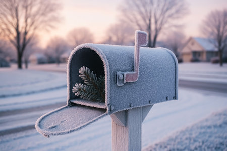 Mailbox covered with hoarfrost on the background of winter landscapeの素材