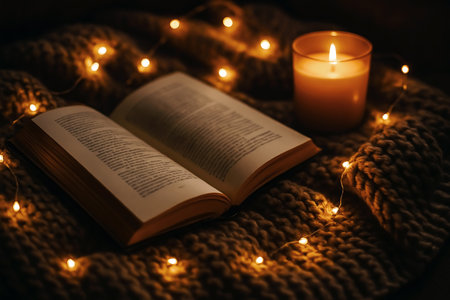 Open book with burning candle on warm knitted plaid. Christmas conceptの素材