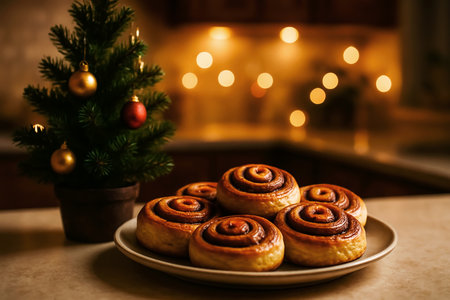 Cinnamon rolls on a plate with christmas tree in the backgroundの素材