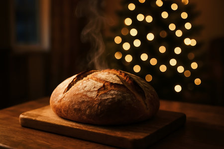 Delicious fresh bread on table against blurred Christmas tree, closeupの素材