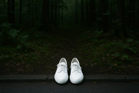 White wedding shoes on the road in the dark forest with copy spaceの素材