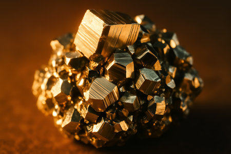 Close-up of a gold nugget on a brown backgroundの素材