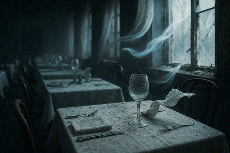 Restaurant interior with empty wine glass and table. Selective focusの素材