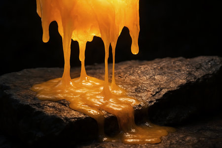 Honey dripping from a candlestick on a dark background.の素材