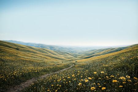 Meadow with yellow dandelions and dirt road in the mountainsの素材