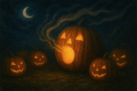 Halloween pumpkins in the night sky. 3D illustration.の素材