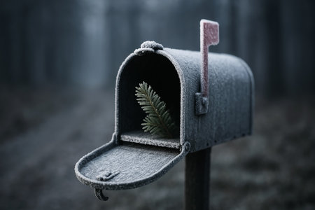 Mailbox with christmas tree in winter forest. Selective focusの素材