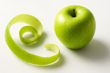 Green apple and apple slices on a white background, close-upの素材