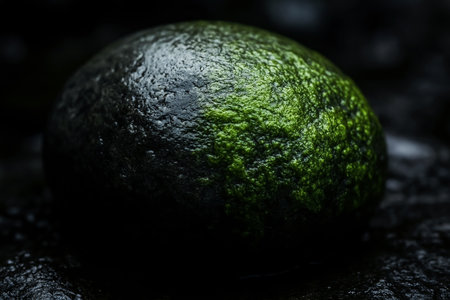 Green algae on a black stone. Close-up. Macro.の素材