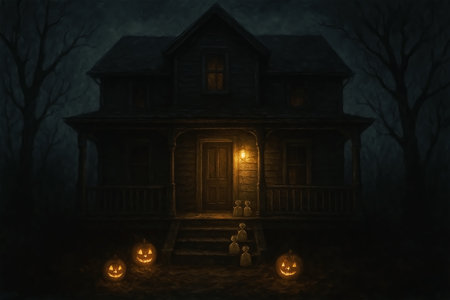 Halloween background with pumpkins in front of old wooden house at nightの素材