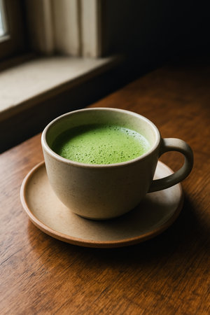 A cup of matcha latte or matcha green tea on wooden tableの素材