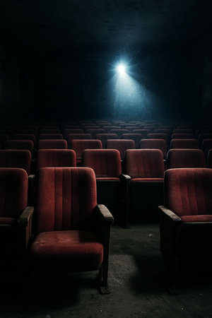 Empty cinema auditorium with red seats and spotlight. Selective focusの素材