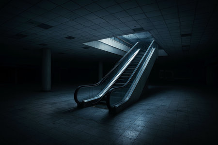 Escalator in dark corridor with glowing lights. 3D renderingの素材
