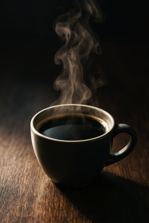 Cup of coffee with smoke on wooden table. Shallow depth of fieldの素材