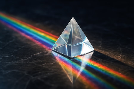 3d illustration of crystal pyramid on a dark background with a rainbowの素材
