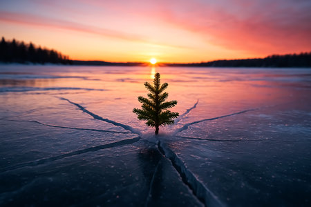 Small fir-tree on the ice of the frozen lake at sunsetの素材